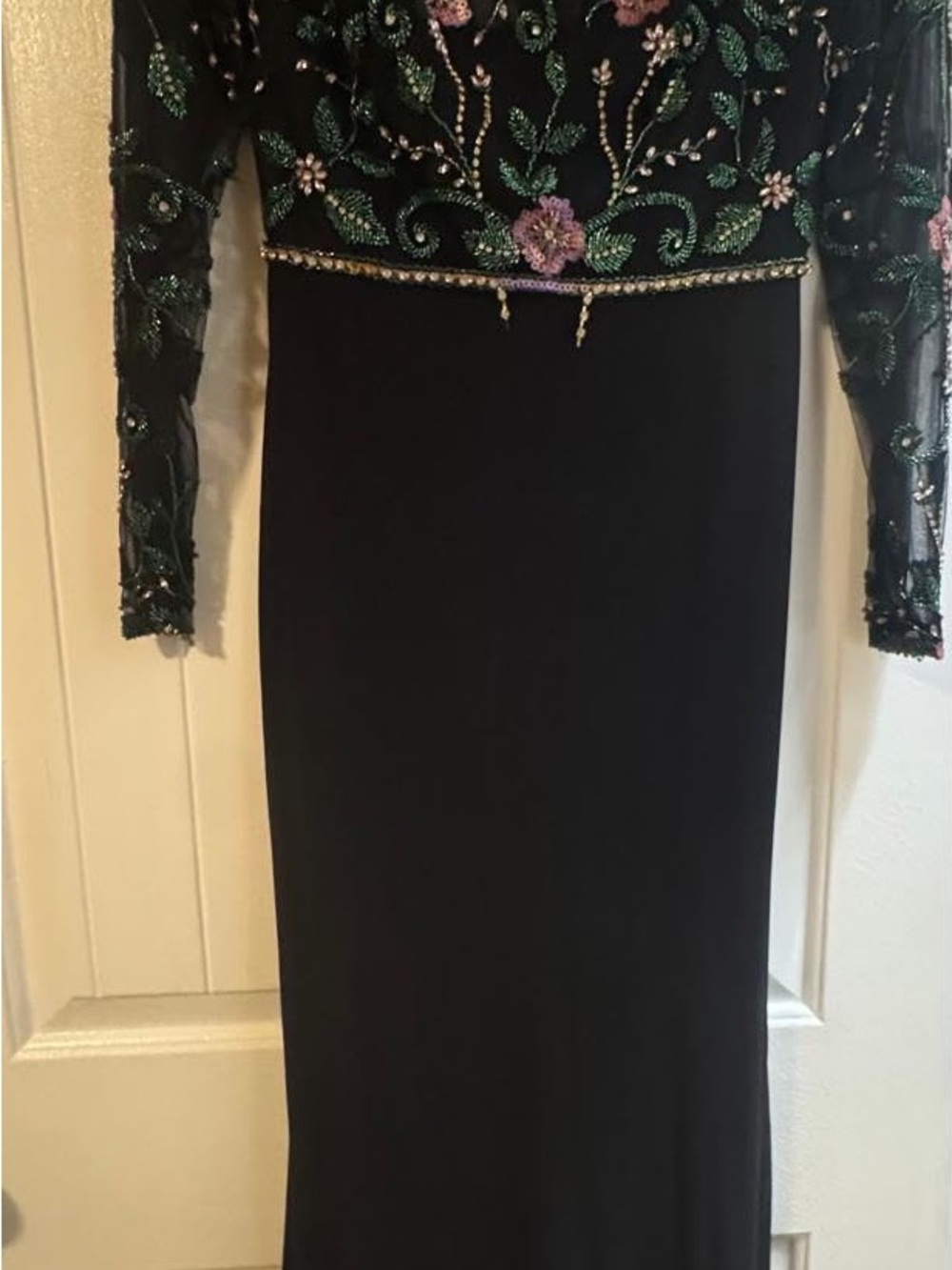 Mac Duggal Black Long Sleeve Evening Gown with Green & Pink Embroidery